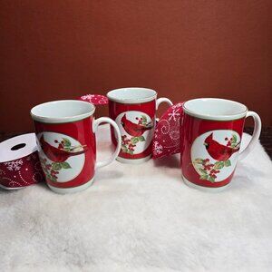 Vintage Otagiri Japan Cardinal & Holly Berry Gold Trim Cups Set of 3 Excellent